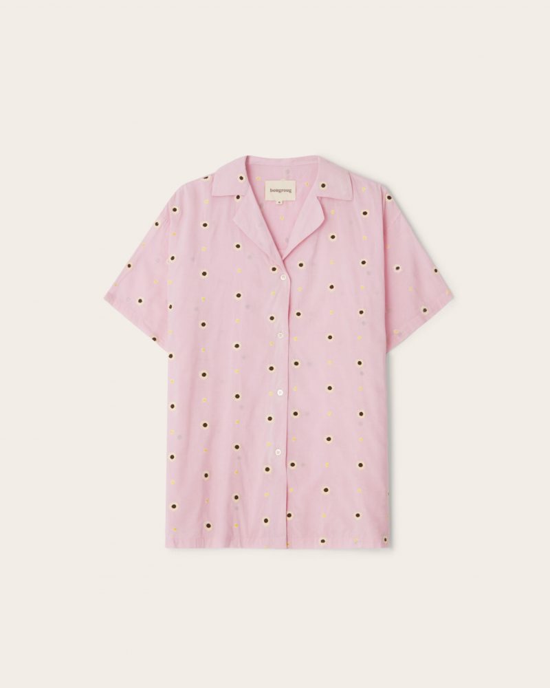 Flower Embroidery Short Sleeve Shirt / Pink – Bougroug