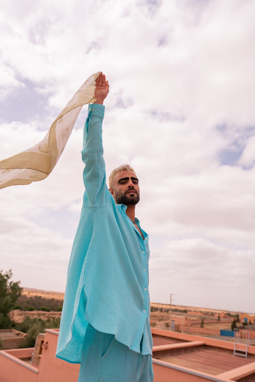 Crepe Long Sleeve Shirt / Turquoise