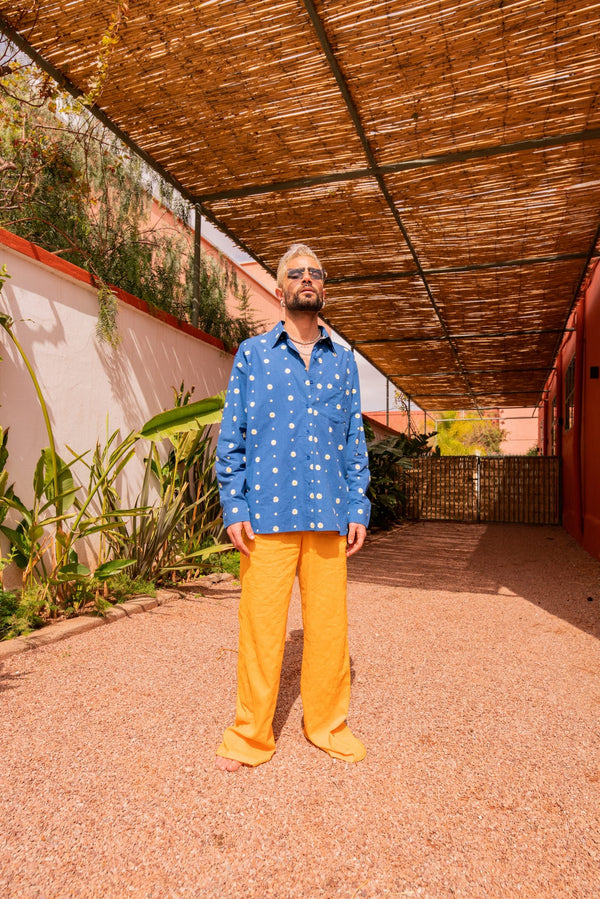 Flower Embroidery Long Sleeve Shirt / Blue