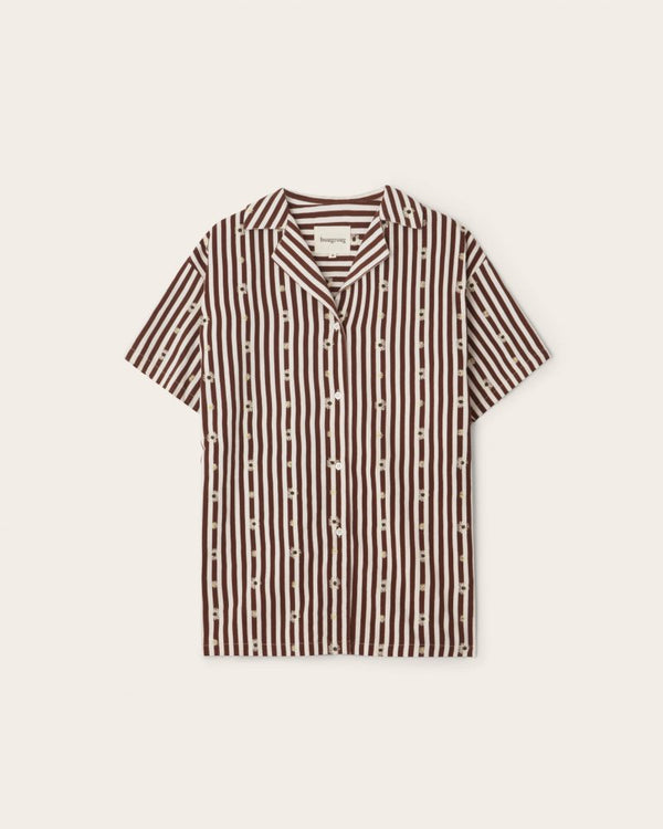Flower Embroidery Resort Shirt / Brown and White Stripe